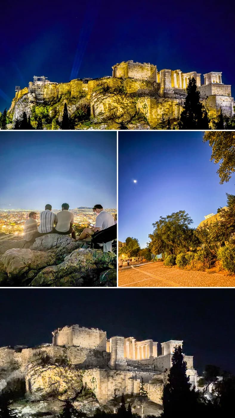 The Acropolis floodlit at night, seen from Areopagus hill