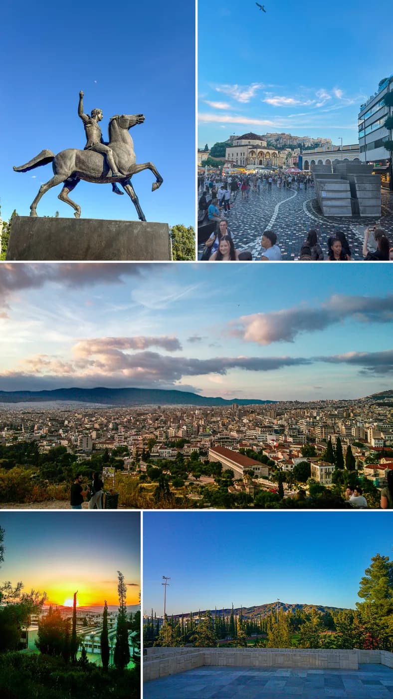 Alexander the Great statue, Monastiraki square, and a panorama of Athens at sunset