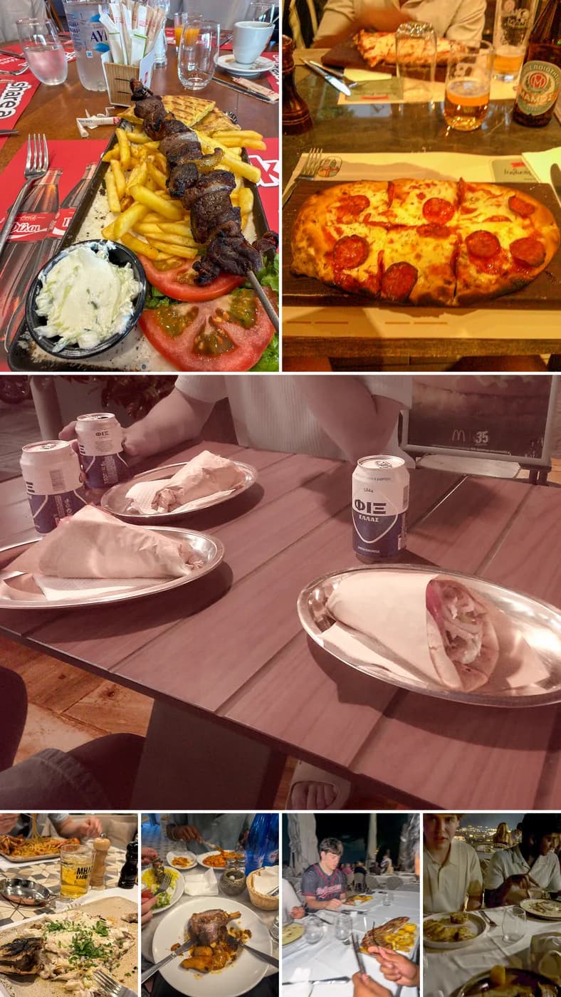 Greek food including souvlaki, gyros, pizza, and group dinners