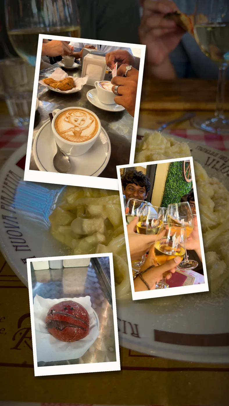Italian coffee with latte art, pasta, and a toast