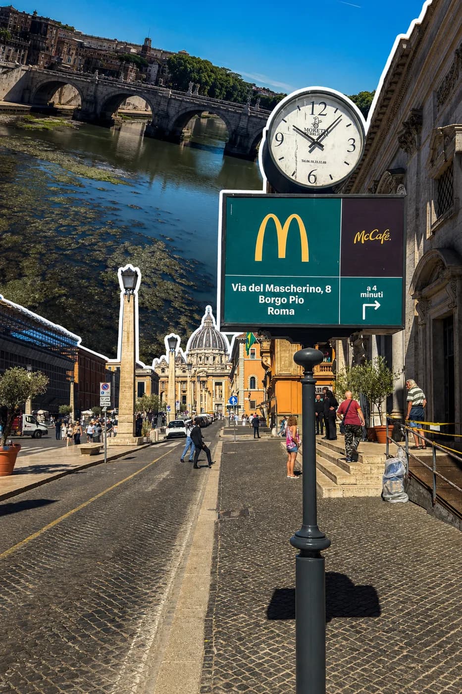 The Tiber river, a Roman street, and the dome of St. Peter's
