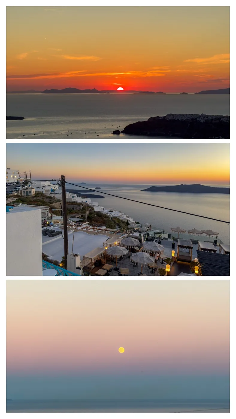 Sunset over the Santorini caldera, Oia terraces, and a full moon over the Aegean